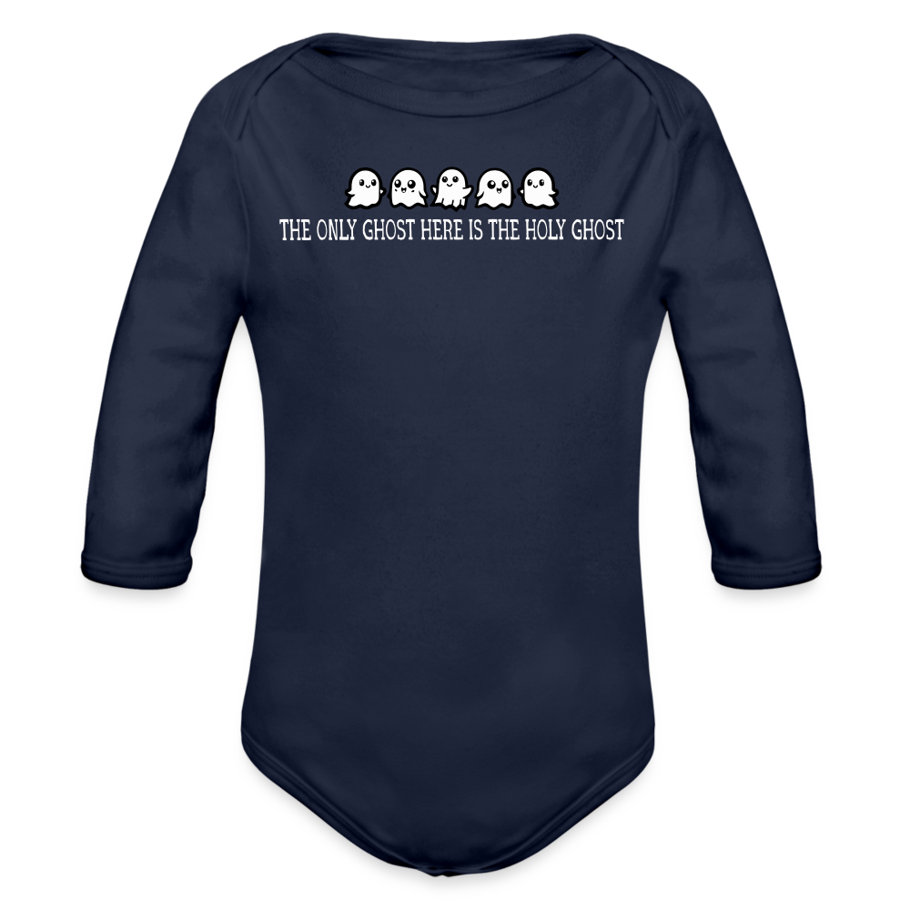 The Only Ghost Here is the Holy Ghost (W) Baby Long Sleeve Bodysuit - dark navy