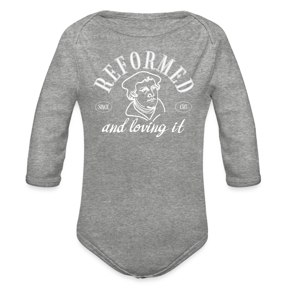 Reformed & Loving It (W) Reformation Day Baby Long Sleeve Bodysuit - heather grey