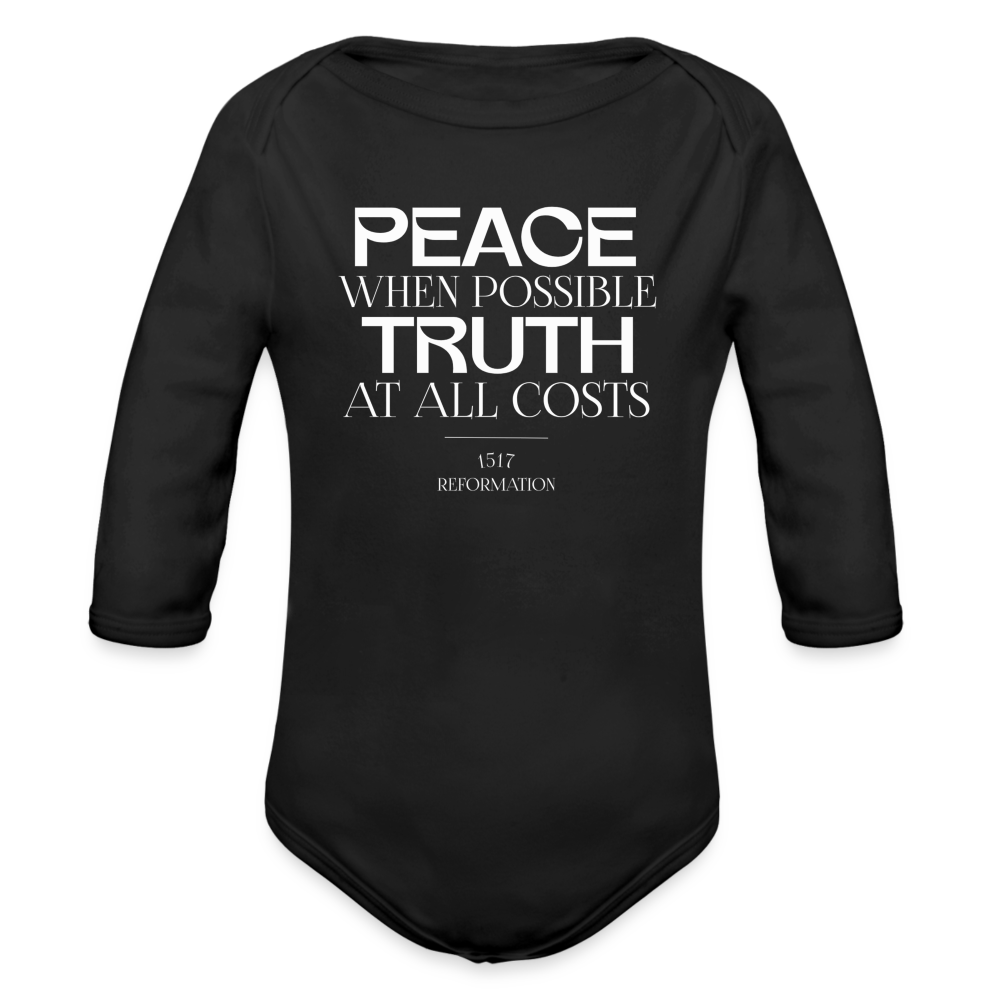 Peace when Possible Truth at All Costs Reformation Day (W) Baby Long Sleeve Onesie - black