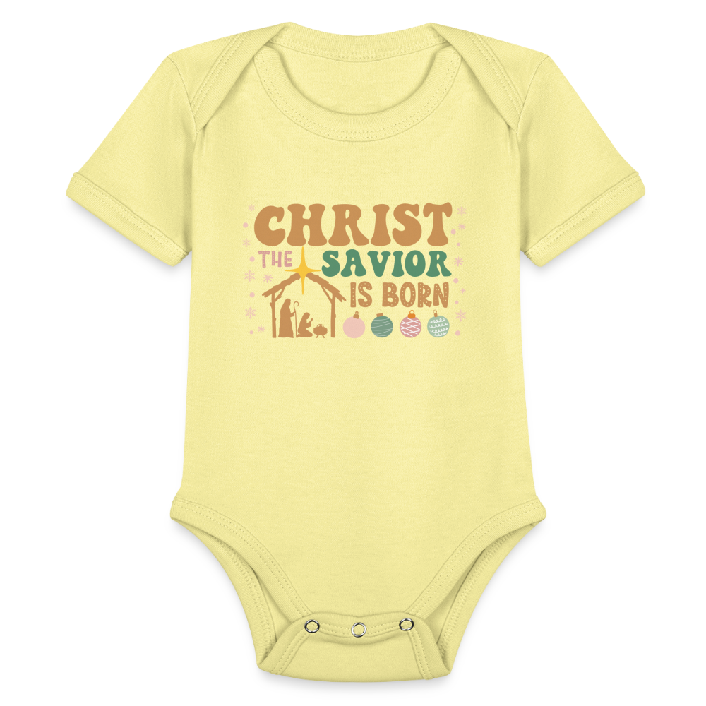 Christ the Savior is Born Christmas Family Organic Short Sleeve Baby Bodysuit - washed yellow