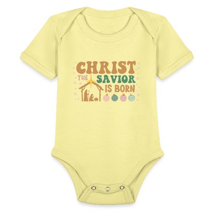 Christ the Savior is Born Christmas Family Organic Short Sleeve Baby Bodysuit - washed yellow