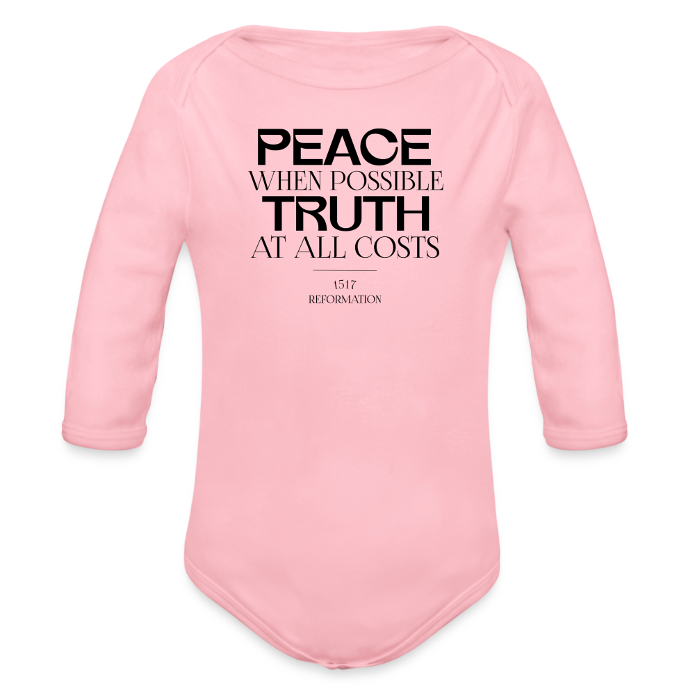 Peace when Possible Truth at All Costs Reformation Day Baby Long Sleeve Onesie - light pink