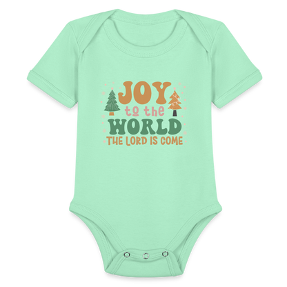 Joy to the World Christmas Family Organic Short Sleeve Baby Bodysuit - light mint