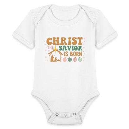 Christ the Savior is Born Christmas Family Organic Short Sleeve Baby Bodysuit - white