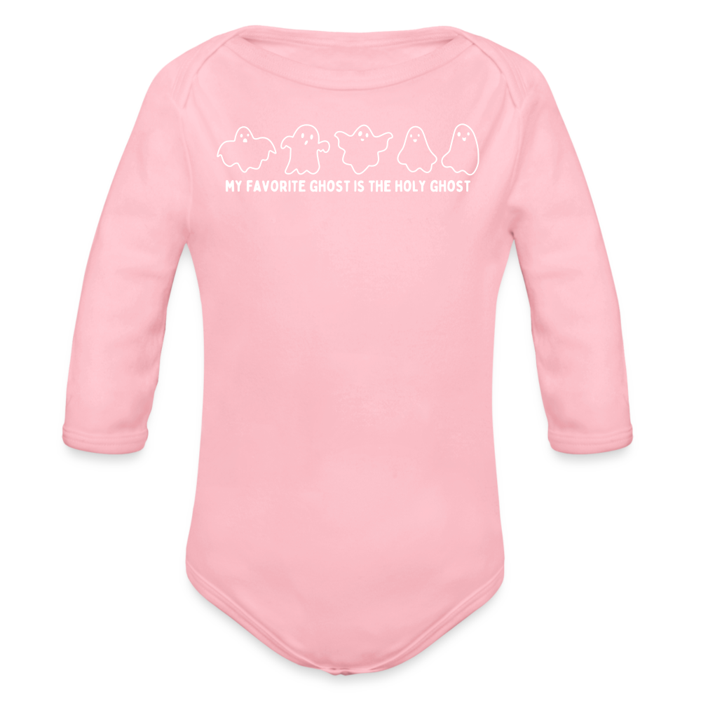 My Favorite Ghost is the Holy Ghost (Outline) Baby Long Sleeve Bodysuit - light pink