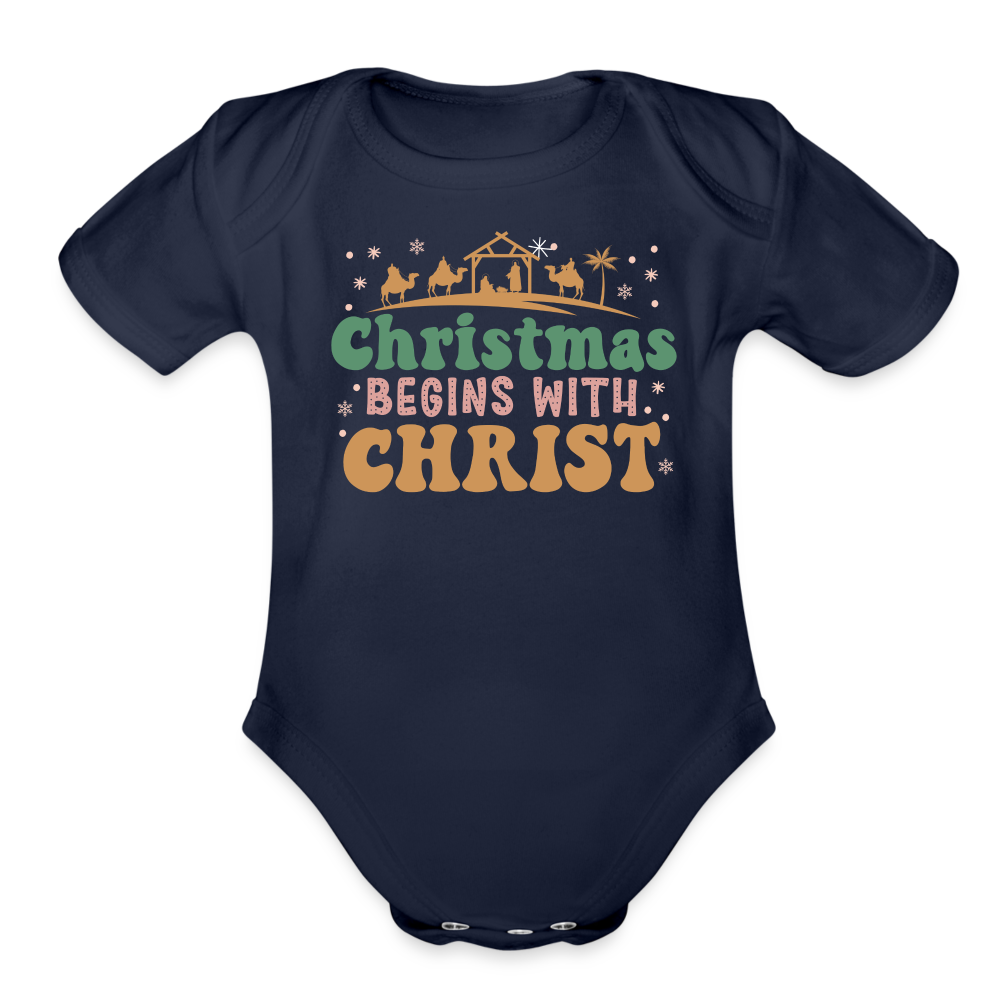 Christmas begins with Christ Family Organic Short Sleeve Baby Bodysuit - dark navy