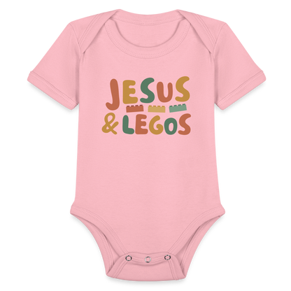 Jesus & Legos Family Organic Short Sleeve Baby Bodysuit - light pink