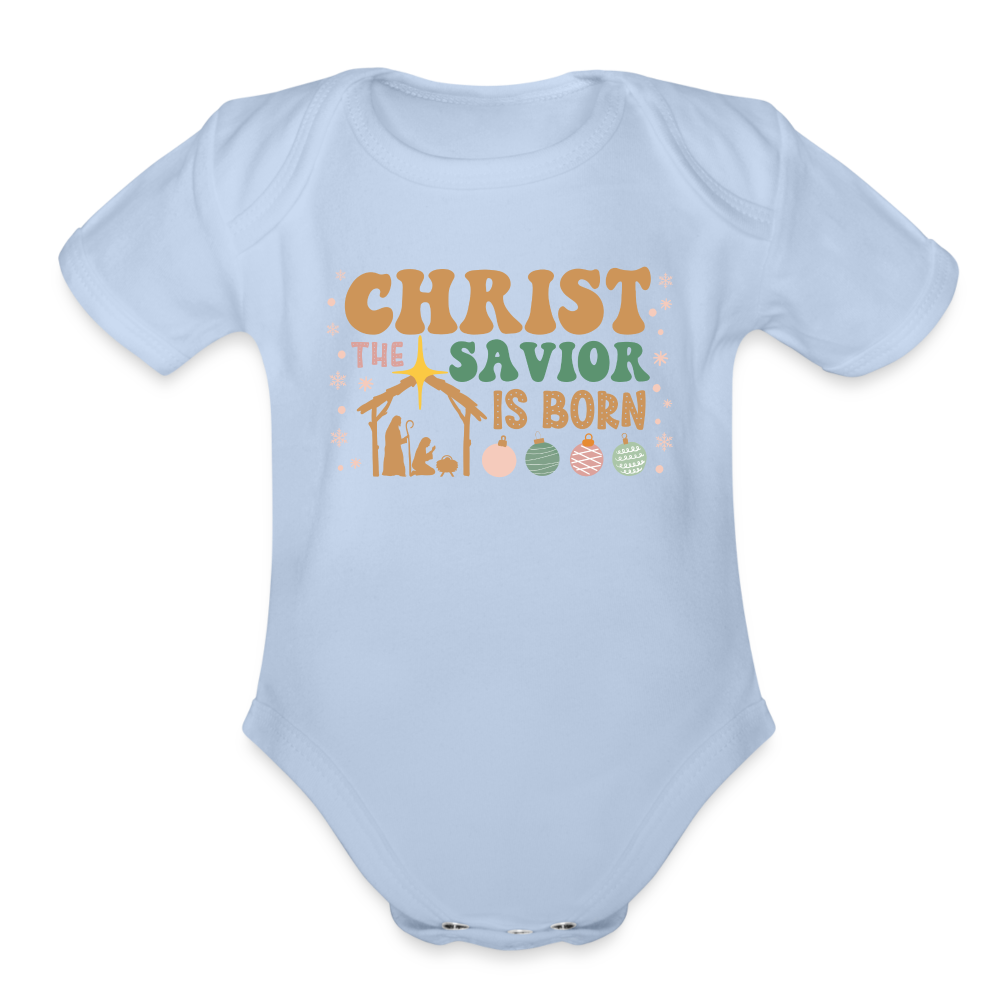 Christ the Savior is Born Christmas Family Organic Short Sleeve Baby Bodysuit - sky