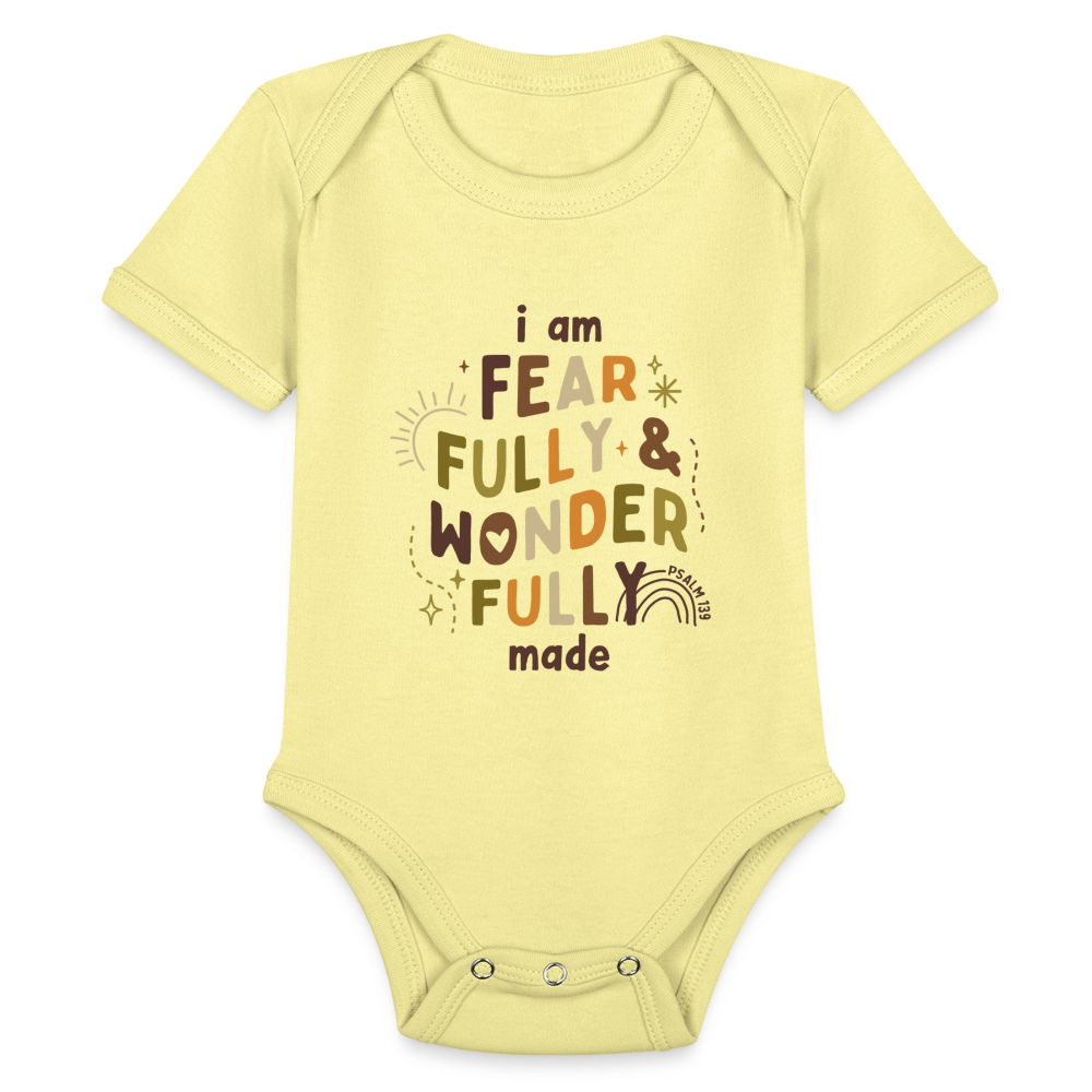 I Am Fearfully & Wonderfull Made (Boho) Baby Onesie Bodysuit - washed yellow