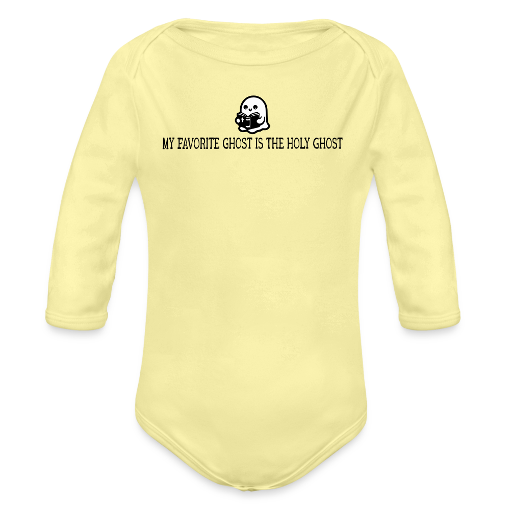 My Favorite Ghost is the Holy Ghost (Bible) Baby Long Sleeve Bodysuit - washed yellow