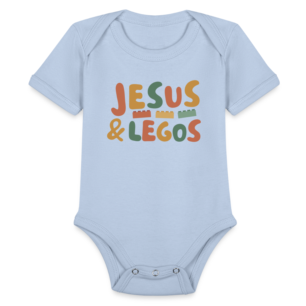 Jesus & Legos Family Organic Short Sleeve Baby Bodysuit - sky