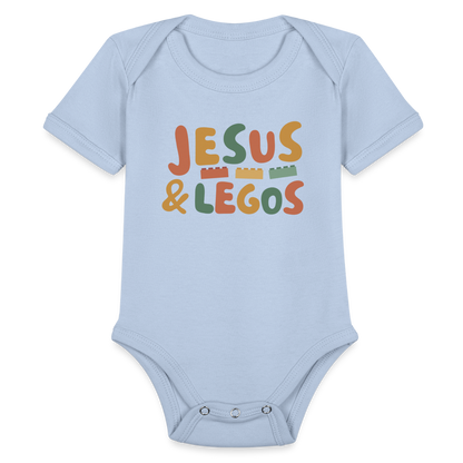 Jesus & Legos Family Organic Short Sleeve Baby Bodysuit - sky