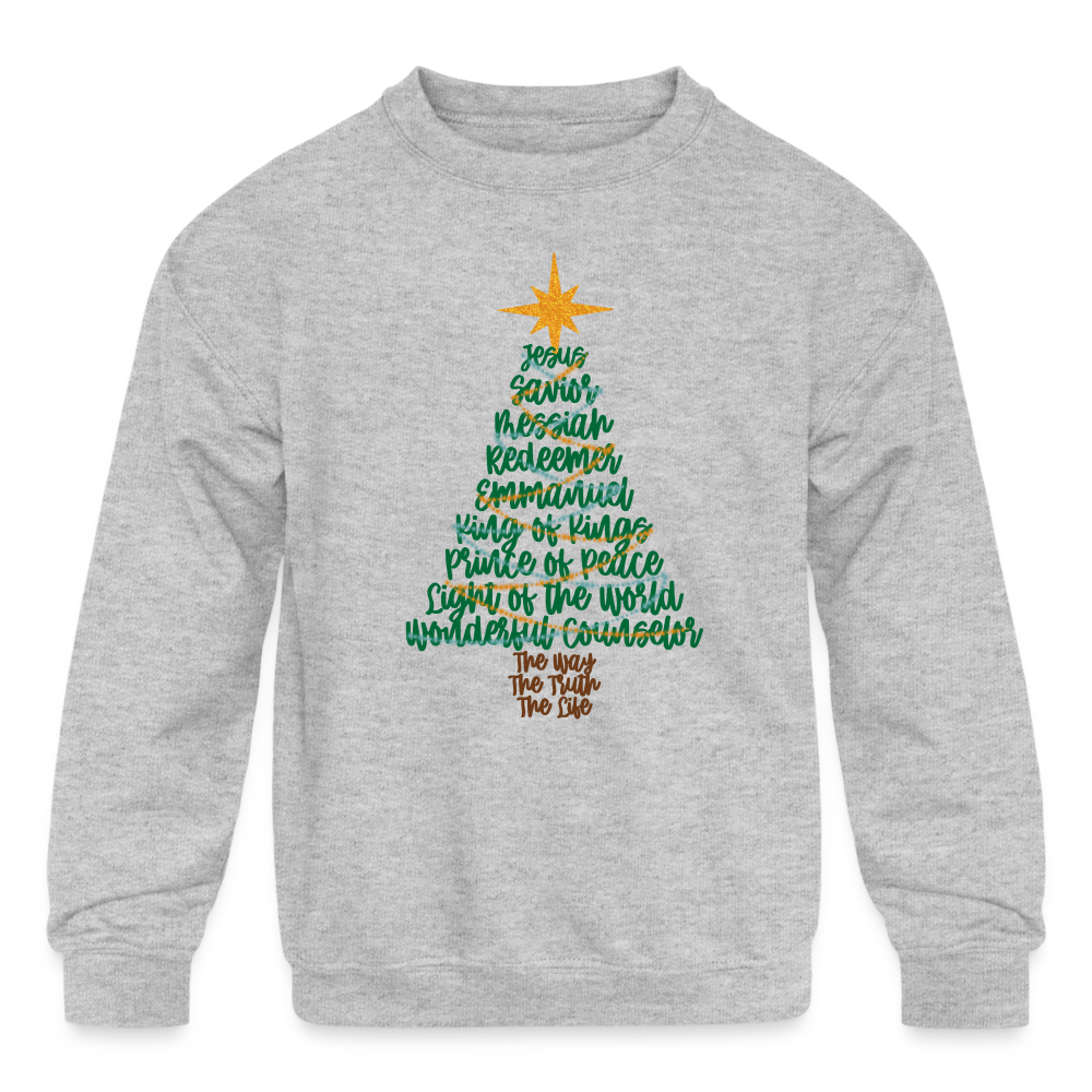 Names of Jesus Christmas Tree Kid's Long Sleeve Sweater - heather gray