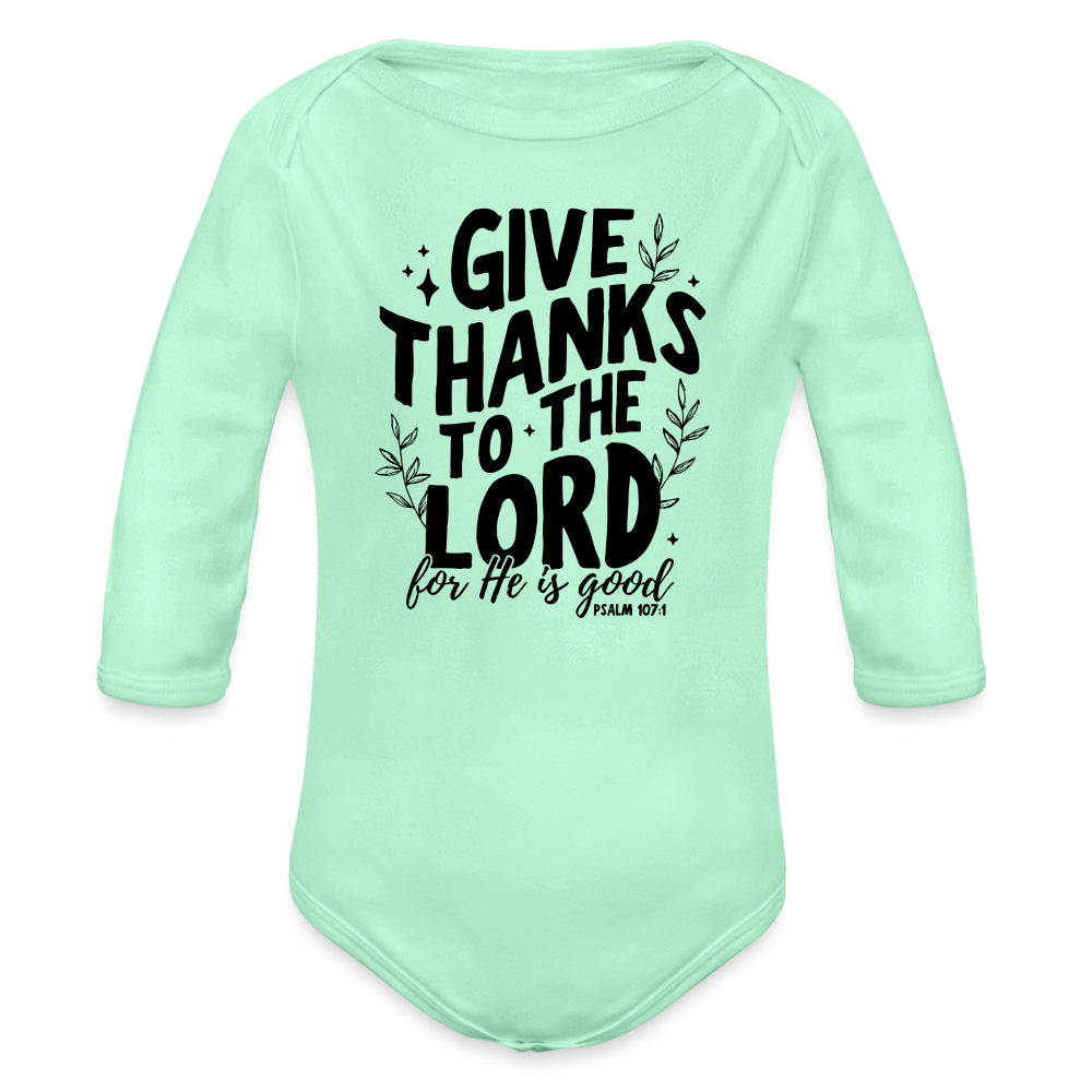 Give Thanks to the Lord Baby Long Sleeve Onesie - light mint