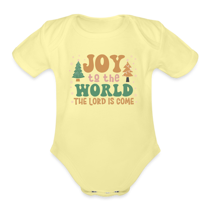 Joy to the World Christmas Family Organic Short Sleeve Baby Bodysuit - washed yellow