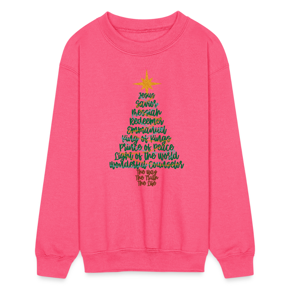 Names of Jesus Christmas Tree Kid's Long Sleeve Sweater - neon pink