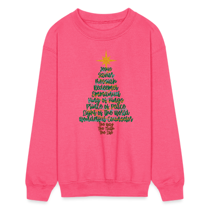 Names of Jesus Christmas Tree Kid's Long Sleeve Sweater - neon pink