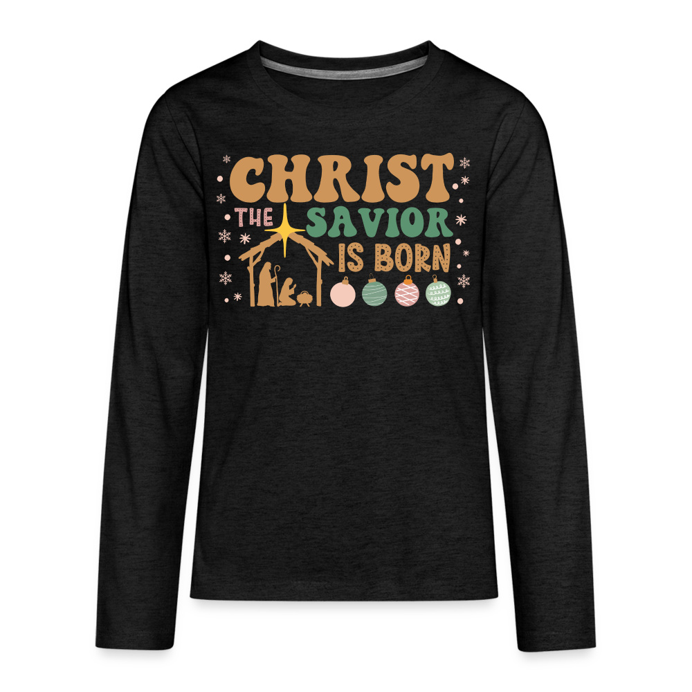 Christ the Savior is Born Christmas Family Kids' Premium Long Sleeve T-Shirt - charcoal grey