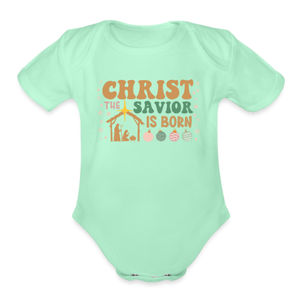 Christ the Savior is Born Christmas Family Organic Short Sleeve Baby Bodysuit - light mint