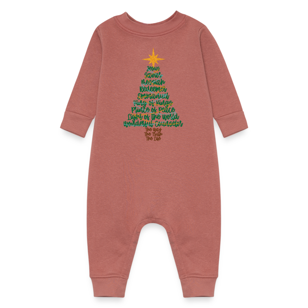 Names of Jesus Christmas Tree Baby Fleece Long Sleeve Onesie - mauve