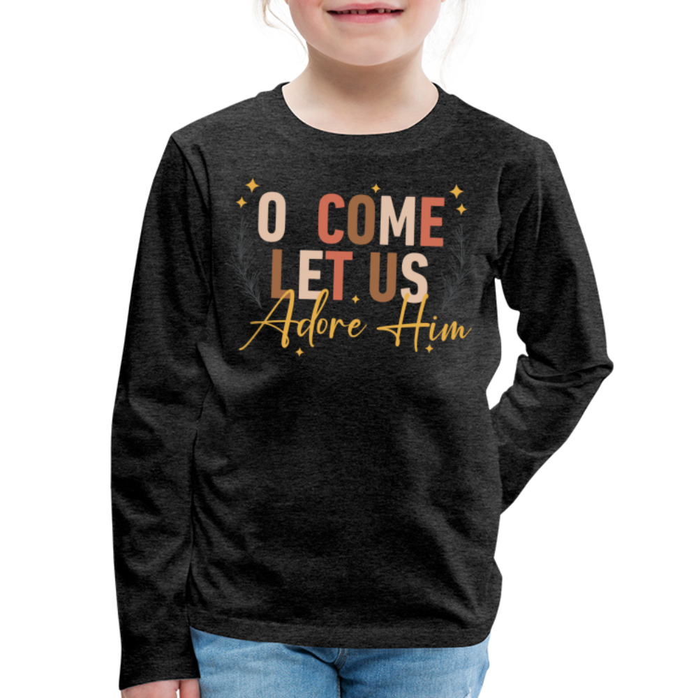 O Come Let us Adore Him Christmas Kid's Long Sleeve Shirt - charcoal grey