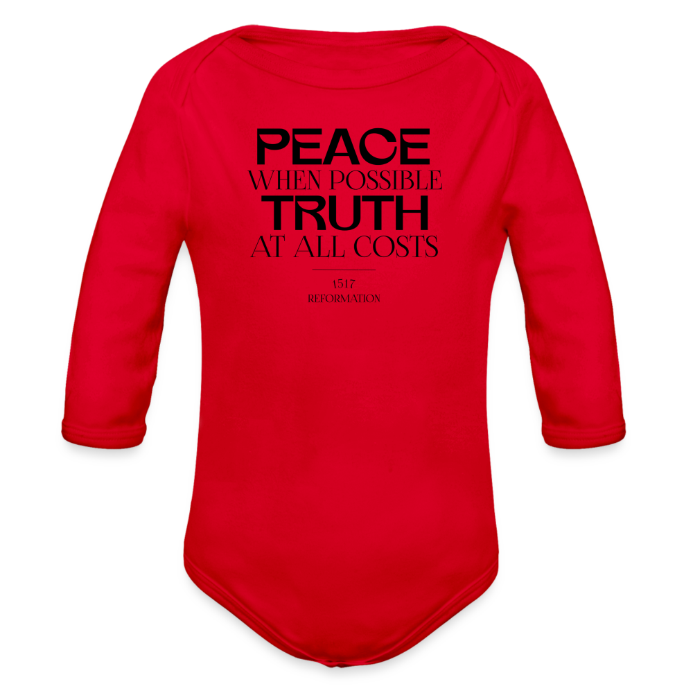 Peace when Possible Truth at All Costs Reformation Day Baby Long Sleeve Onesie - red