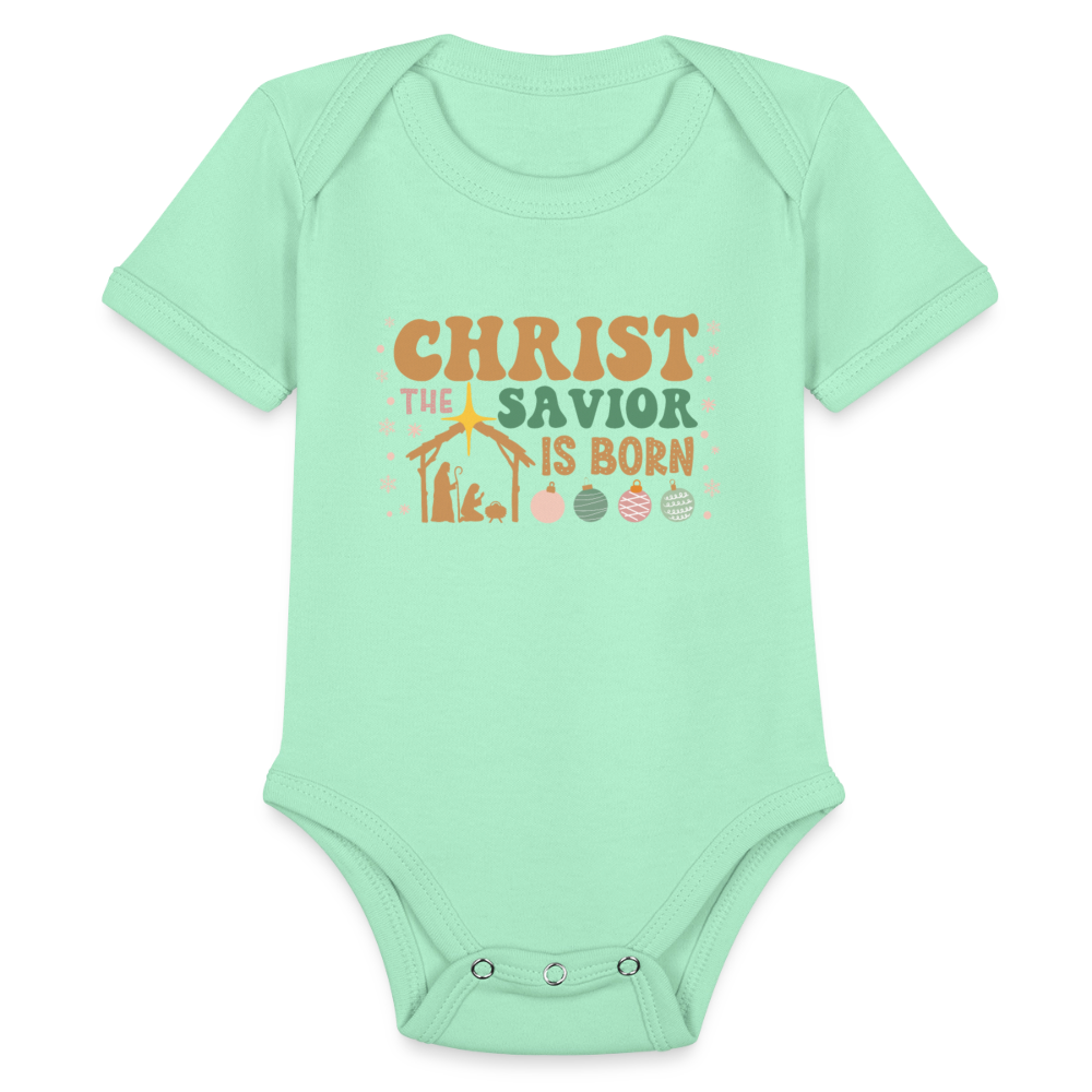 Christ the Savior is Born Christmas Family Organic Short Sleeve Baby Bodysuit - light mint