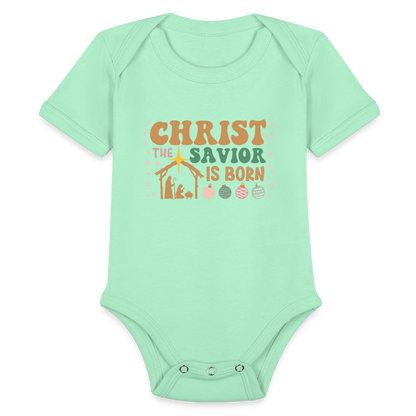 Christ the Savior is Born Christmas Family Organic Short Sleeve Baby Bodysuit - light mint