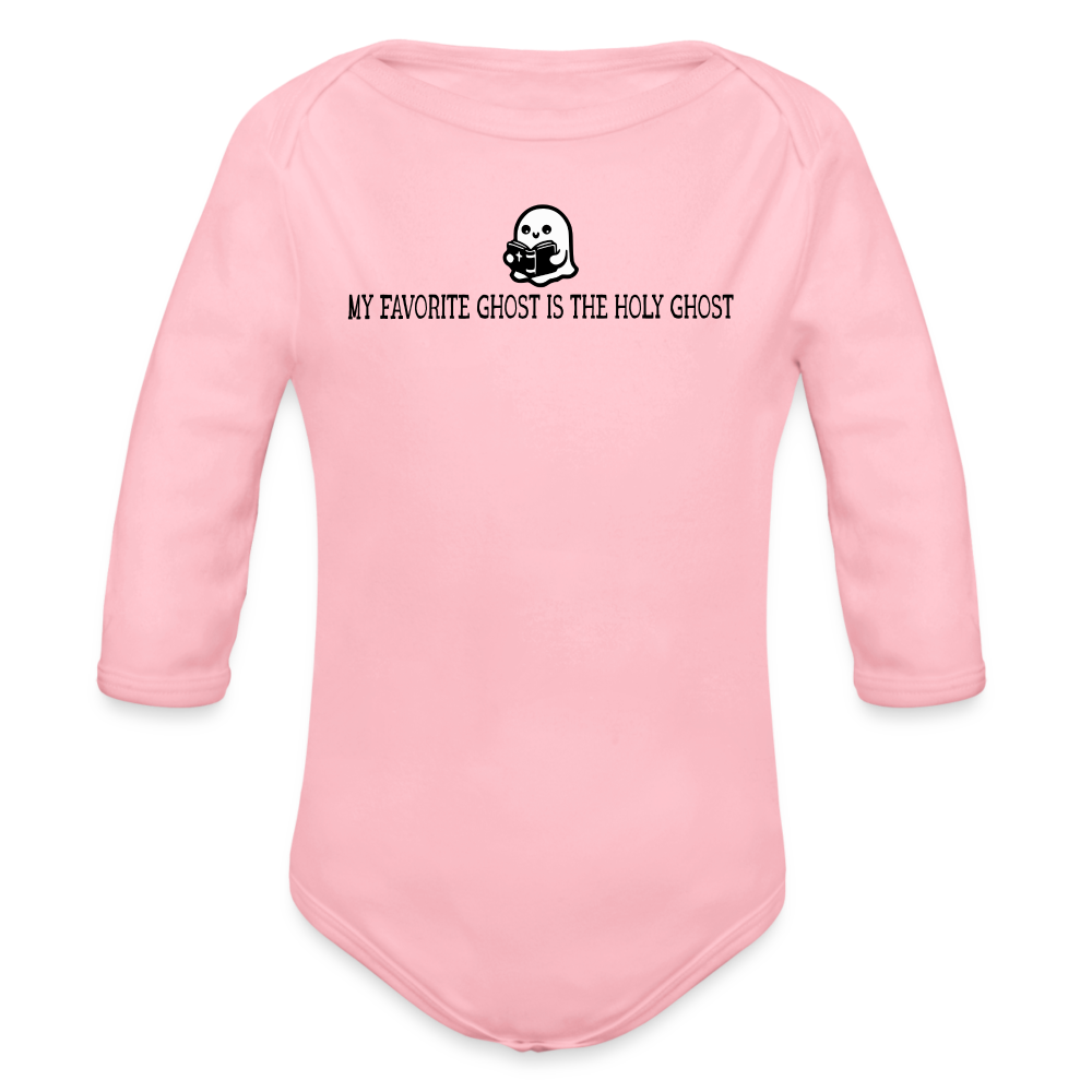 My Favorite Ghost is the Holy Ghost (Bible) Baby Long Sleeve Bodysuit - light pink