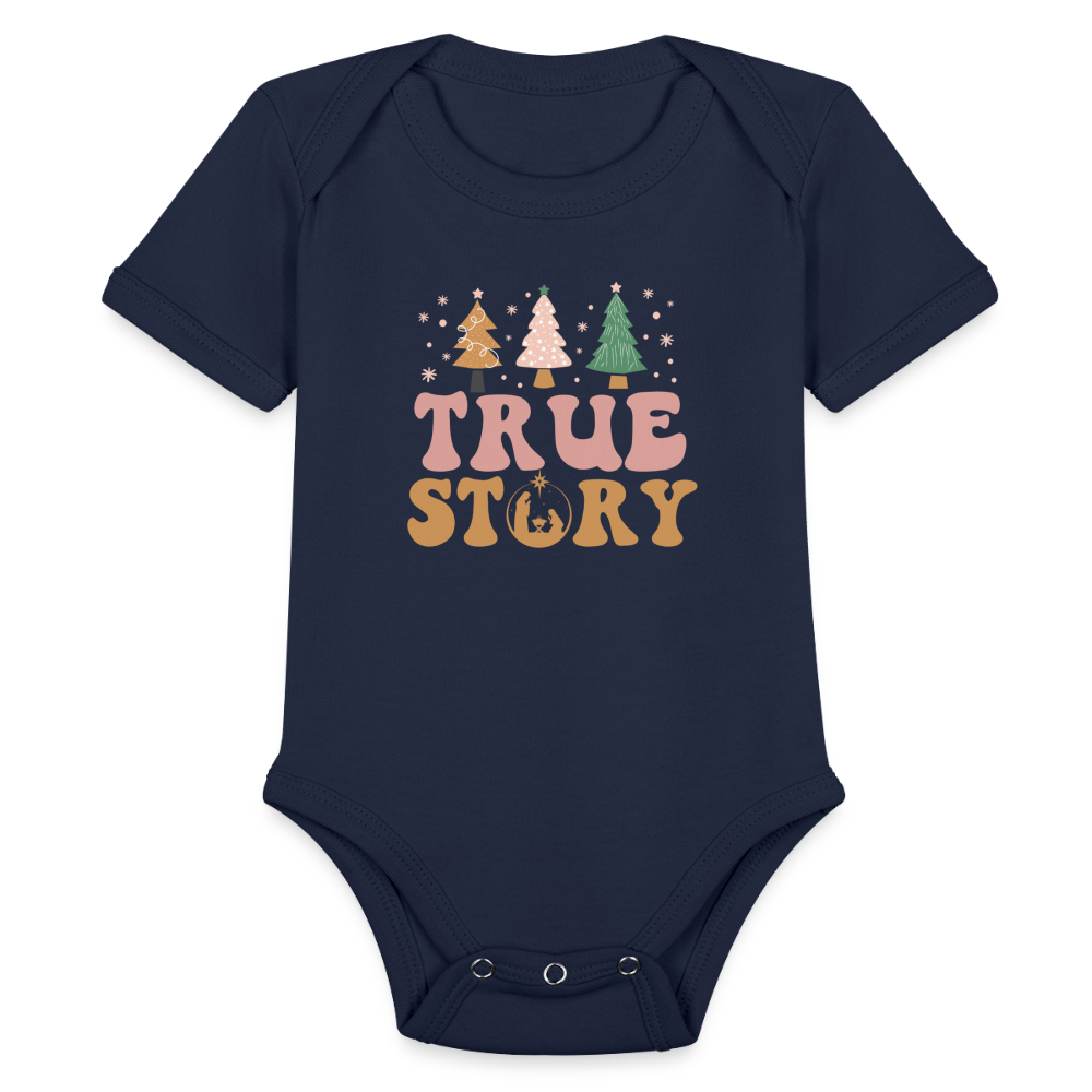 True Story Christmas Family Organic Short Sleeve Baby Bodysuit - dark navy