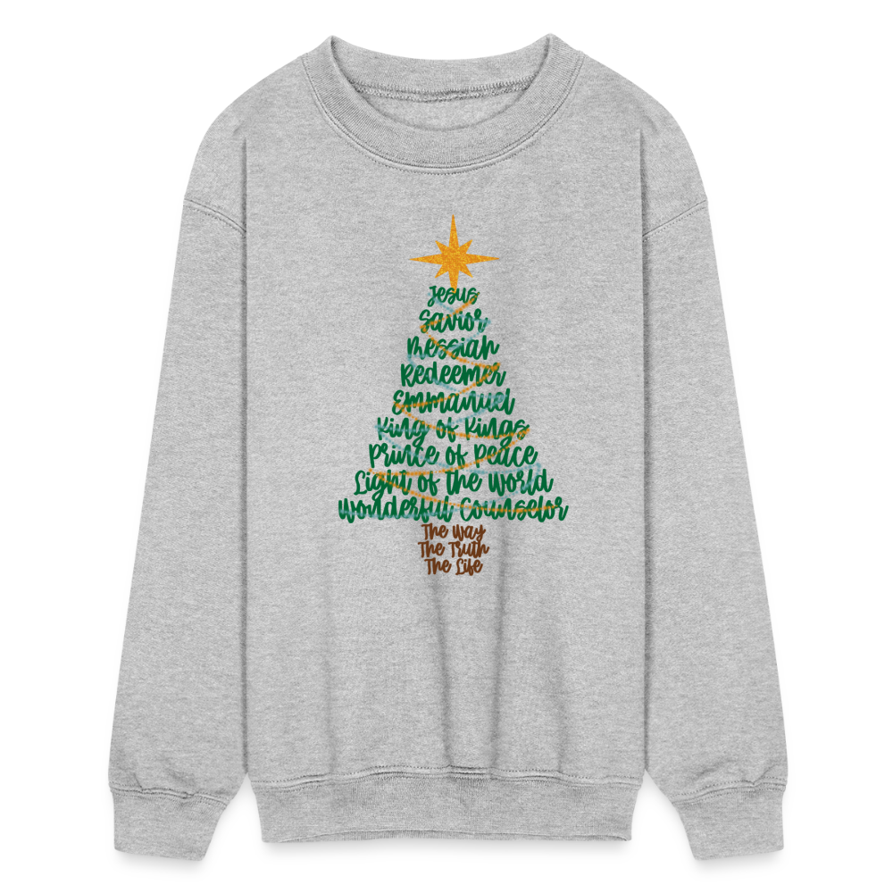 Names of Jesus Christmas Tree Kid's Long Sleeve Sweater - heather gray