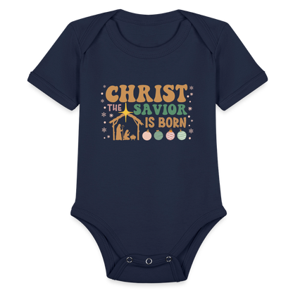 Christ the Savior is Born Christmas Family Organic Short Sleeve Baby Bodysuit - dark navy