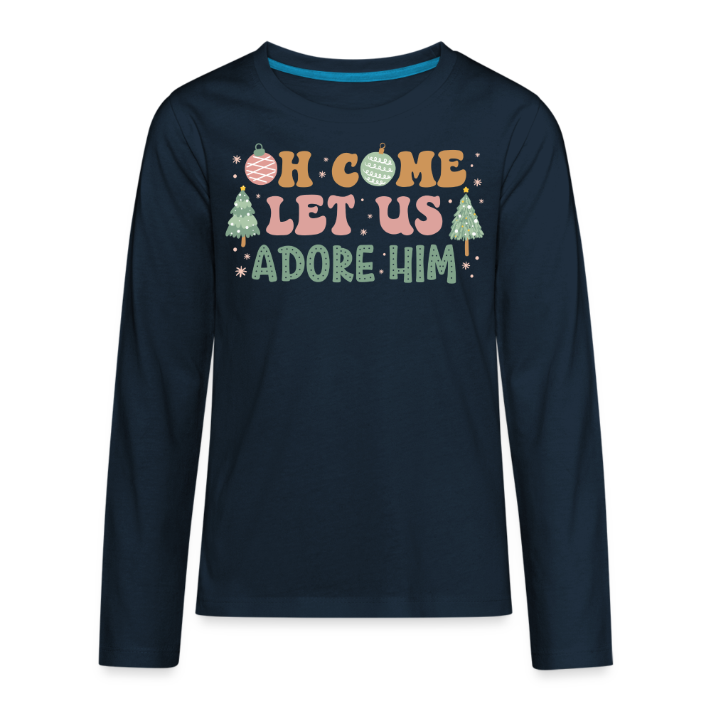 Oh Come Let Us Adore Him Christmas Family Kids' Premium Long Sleeve T-Shirt - deep navy