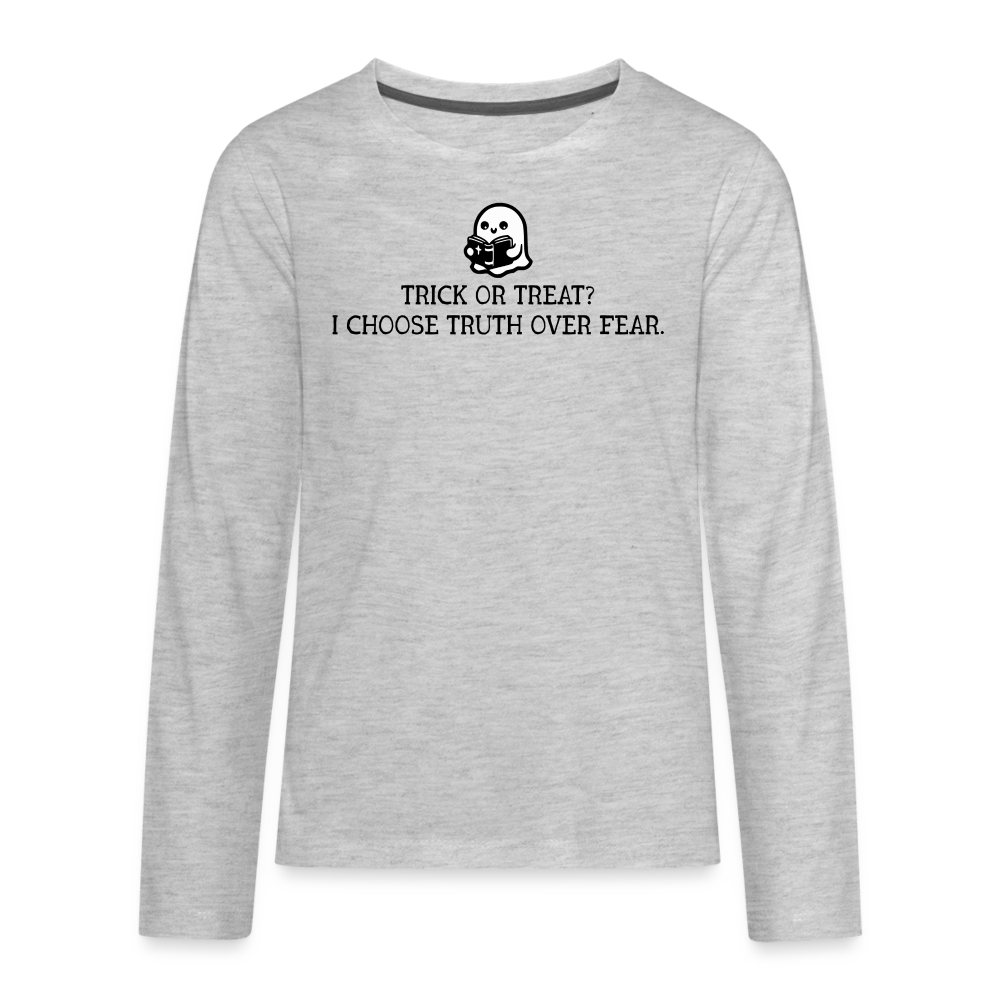 Trick or Treat I Choose Truth (Bible) Kid's Long Sleeve Shirt - heather gray