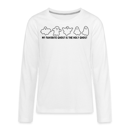 My Favorite Ghost is the Holy Ghost (Outline) Youth Long Sleeve Shirt - white