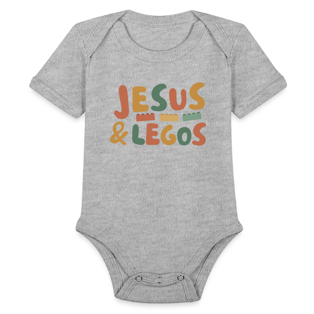 Jesus & Legos Family Organic Short Sleeve Baby Bodysuit - heather grey