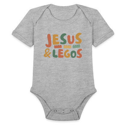 Jesus & Legos Family Organic Short Sleeve Baby Bodysuit - heather grey