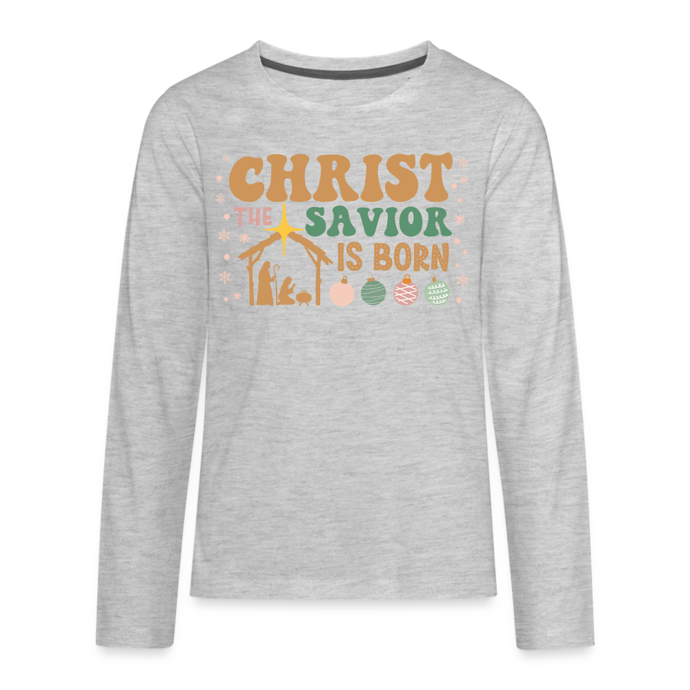 Christ the Savior is Born Christmas Family Kids' Premium Long Sleeve T-Shirt - heather gray