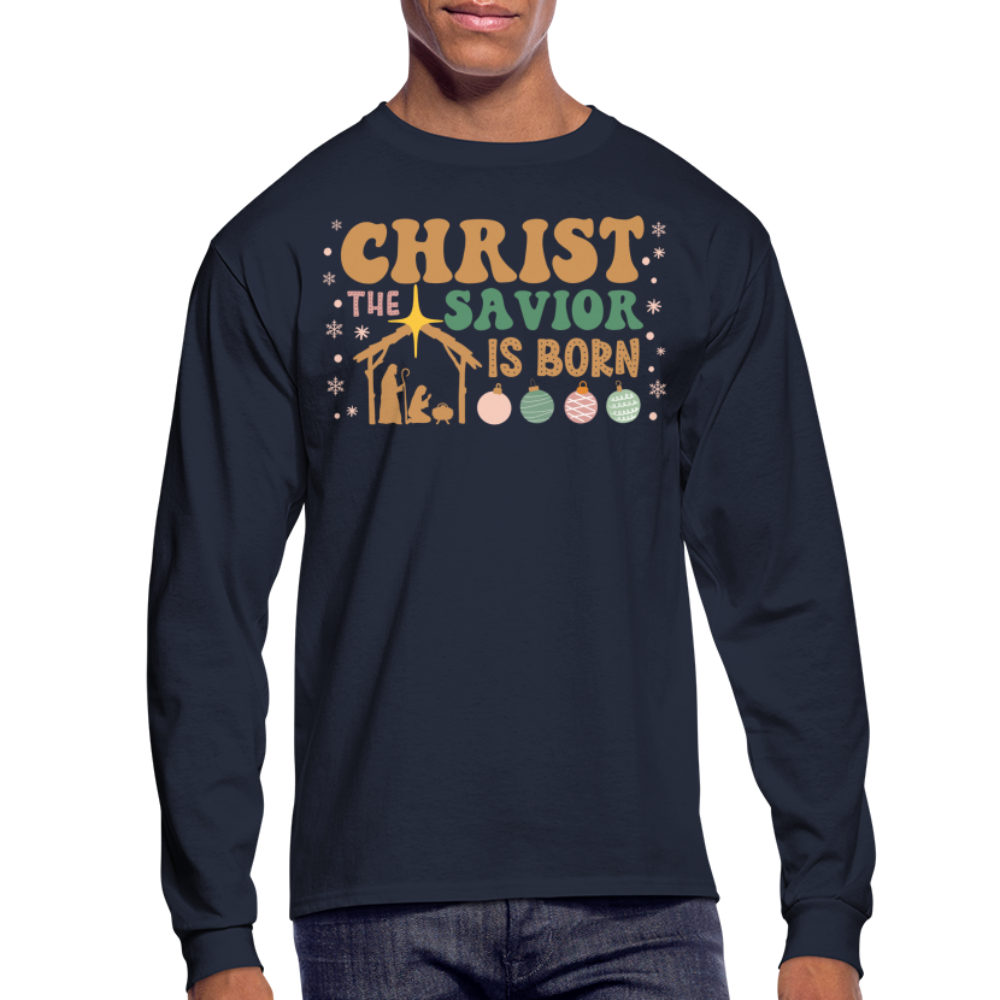 Christ the Savior is Born Christmas Family Men's Long Sleeve T-Shirt - navy