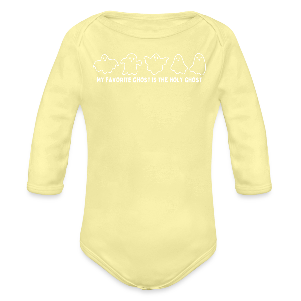 My Favorite Ghost is the Holy Ghost (Outline) Baby Long Sleeve Bodysuit - washed yellow