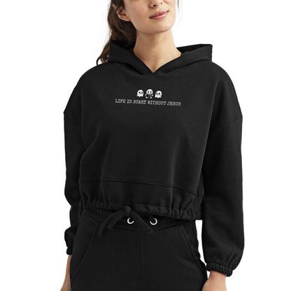 Life is Scary Without Jesus (W) Women's Cropped Hoodie - black