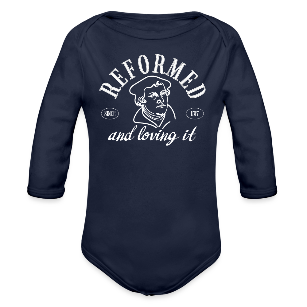 Reformed & Loving It (W) Reformation Day Baby Long Sleeve Bodysuit - dark navy