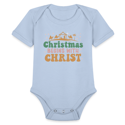 Christmas begins with Christ Family Organic Short Sleeve Baby Bodysuit - sky