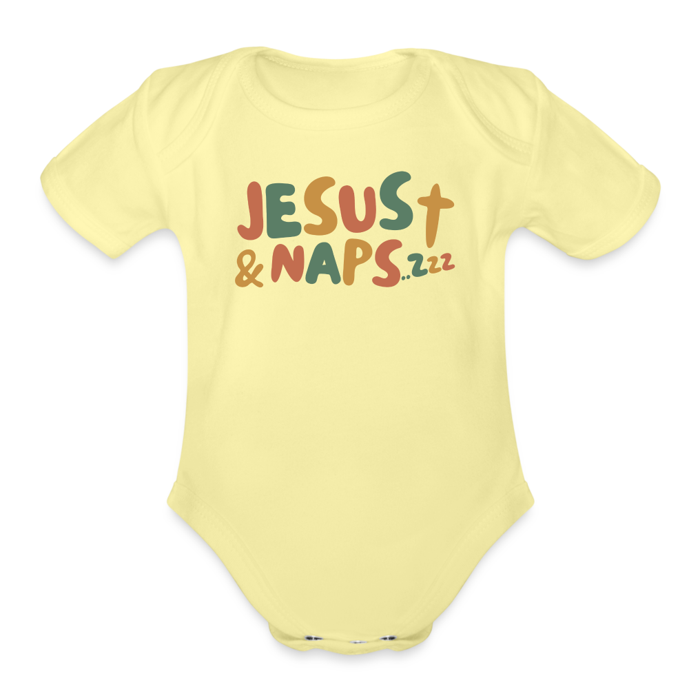 Jesus & Naps Family Organic Short Sleeve Baby Bodysuit - washed yellow