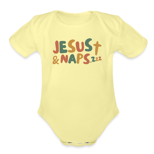 Jesus & Naps Family Organic Short Sleeve Baby Bodysuit - washed yellow