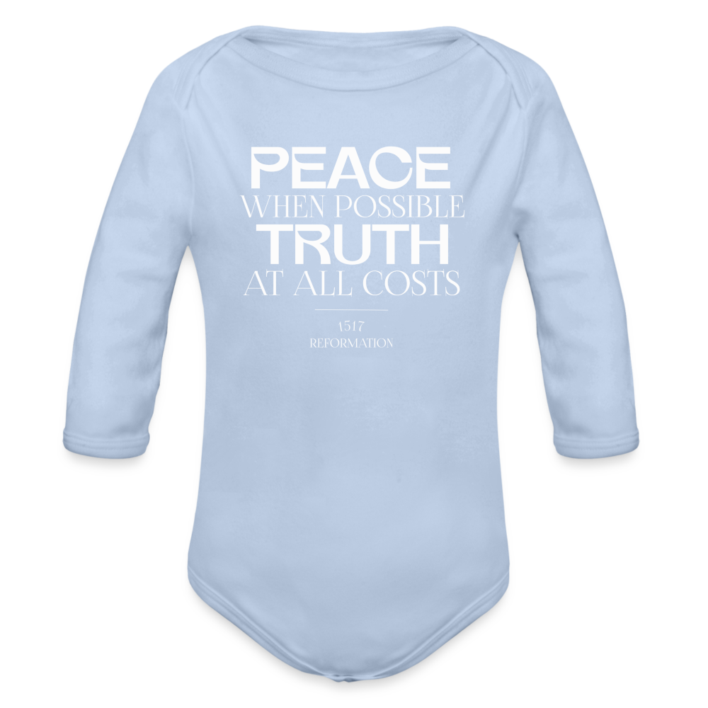 Peace when Possible Truth at All Costs Reformation Day (W) Baby Long Sleeve Onesie - sky