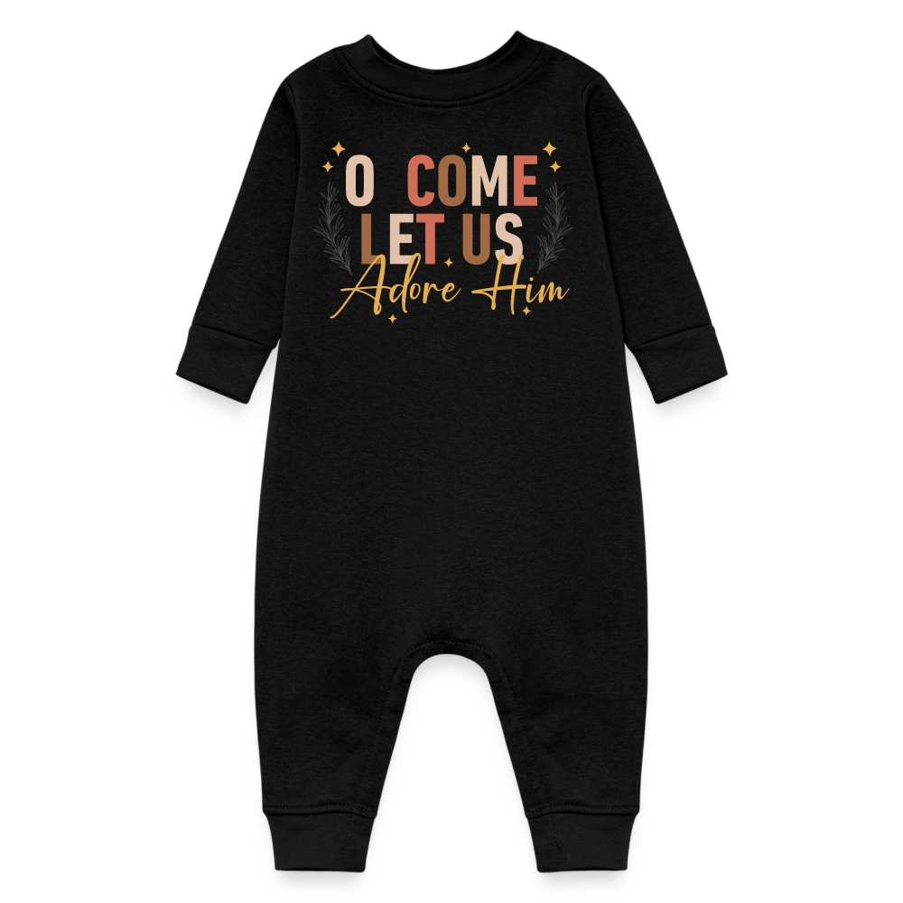 O Come Let us Adore Him Christmas Baby Fleece Long Sleeve Onesie - black