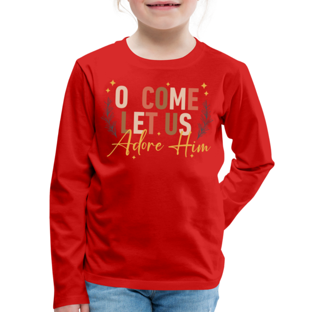 O Come Let us Adore Him Christmas Kid's Long Sleeve Shirt - red