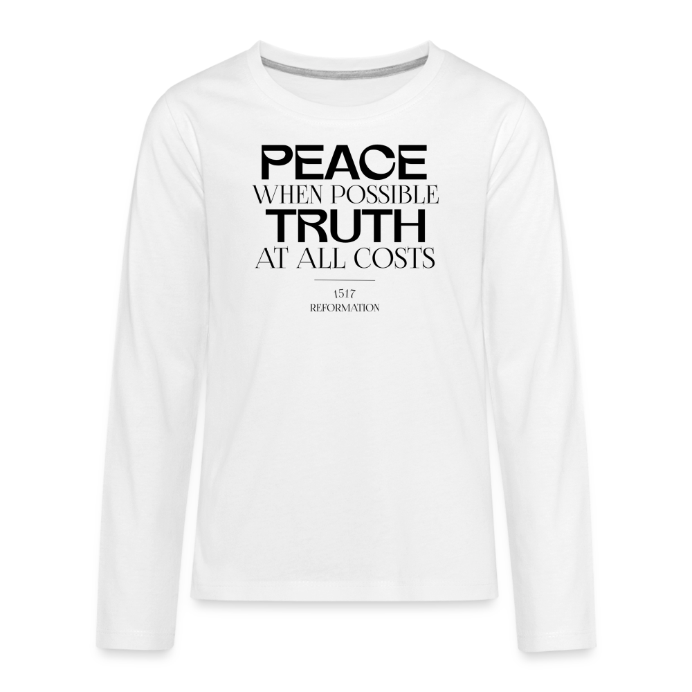 Peace when Possible Truth at All Costs Reformation Day Kid's Long Sleeve Shirt - white