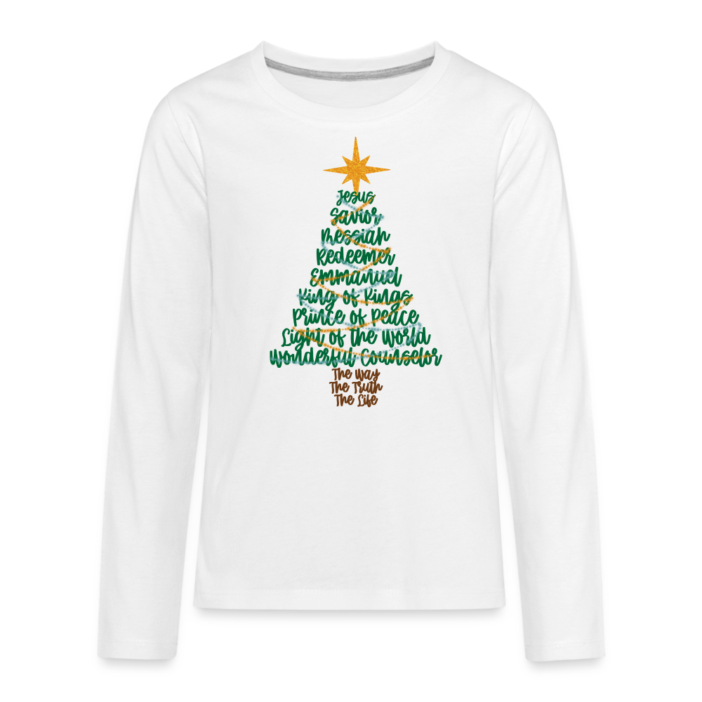 Names of Jesus Christmas Tree Kid's Long Sleeve Shirt - white